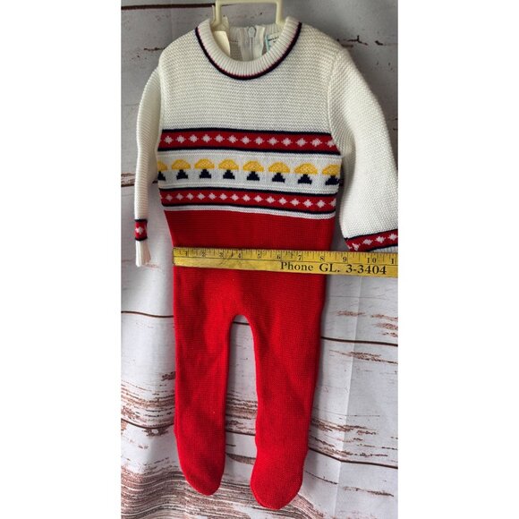 Vintage Red & White Baby Knit Footie Jumper With Mushroom Pattern Back Zipper Cl - Picture 6 of 9